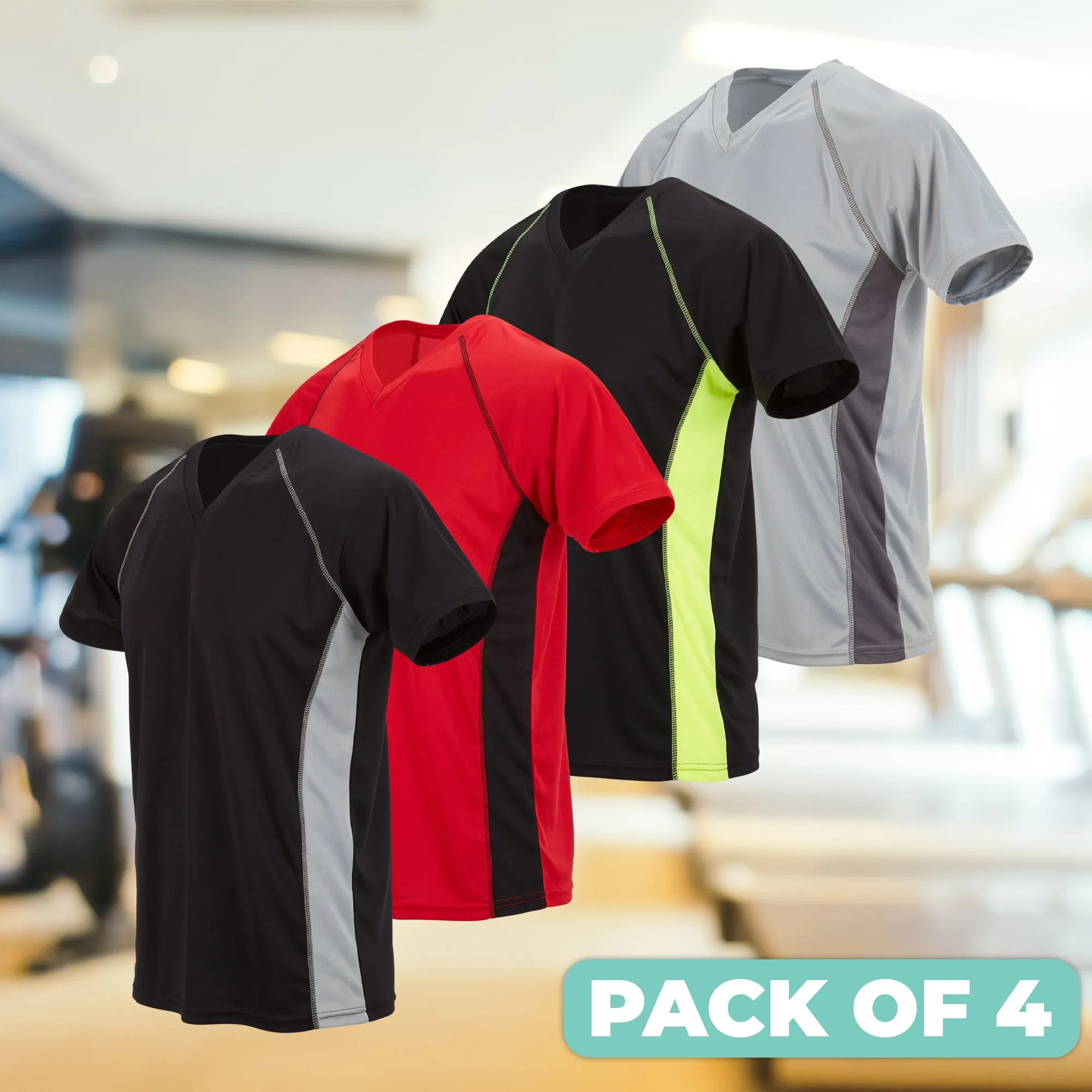 4 Pack: Men's Workout Shirts Dry Fit, Moisture Wicking Active Athletic Shirts, V-Neck Running & Gym Tshirts for Men, Reg & Oversized