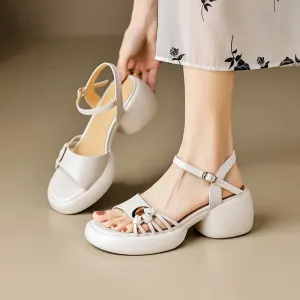 Aiertu Summer Woman Sandals Split Leather Shoes for Women Round Toe High Heel Shoes Open Toe Chunky Heel Sandals Casual Platform Shoes