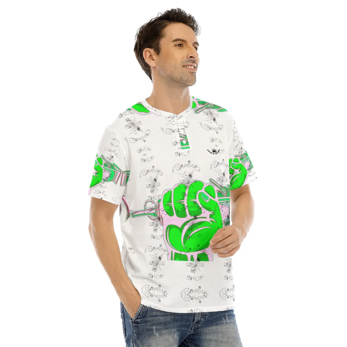 All-Over Print Men's Short Sleeve T-shirt With Button Closure theme barber5