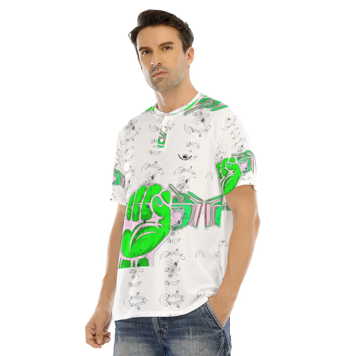 All-Over Print Men's Short Sleeve T-shirt With Button Closure theme barber5