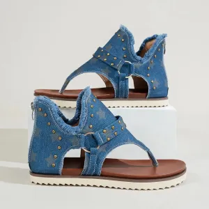 Amozae-Summer Denim Shoes Women Chic Star Print Gladiator Sandals Ladies Punk Rivet Stud Fip Flops