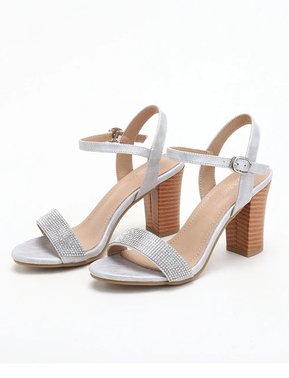 Apricot Hollow Out One Strapless Chunky Heel Sandals With Diamonds For Women