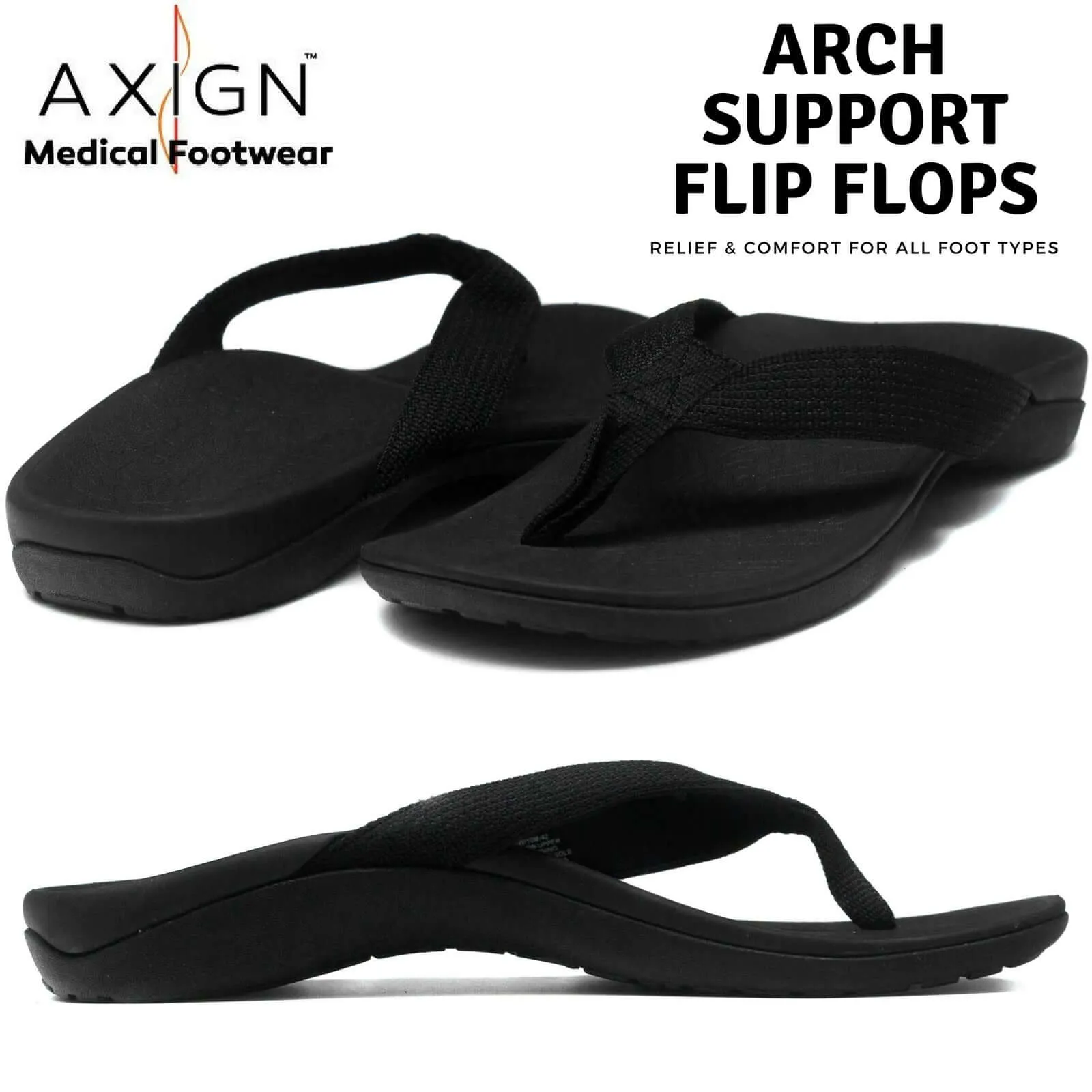 AXIGN Premium Orthotic Arch Support Flip Flops Sandal Thongs Archline - Black