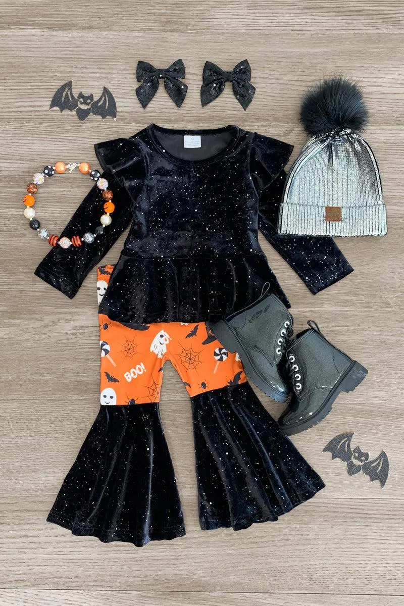 Black Sparkle Velvet Halloween Bell Bottom Set