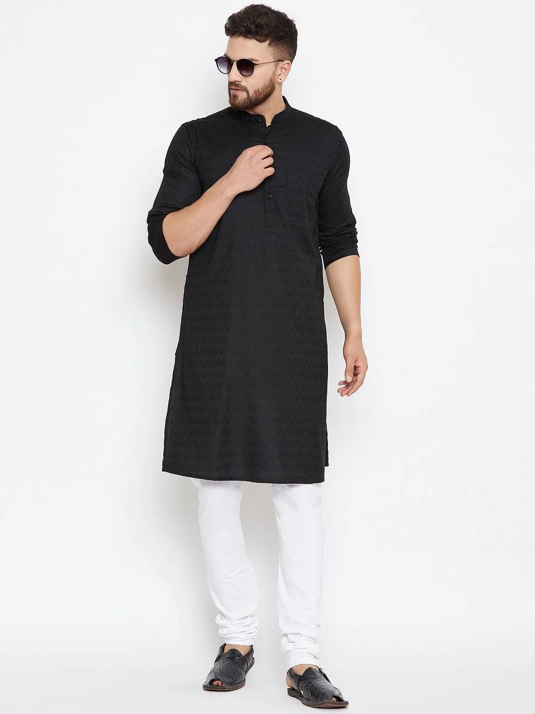 Black Woven Design Cotton Men's Kurta