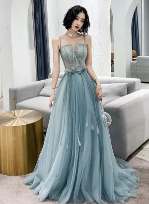 Blue Tulle A-line Long Party Dress with Straps, Blue Long Prom Dress