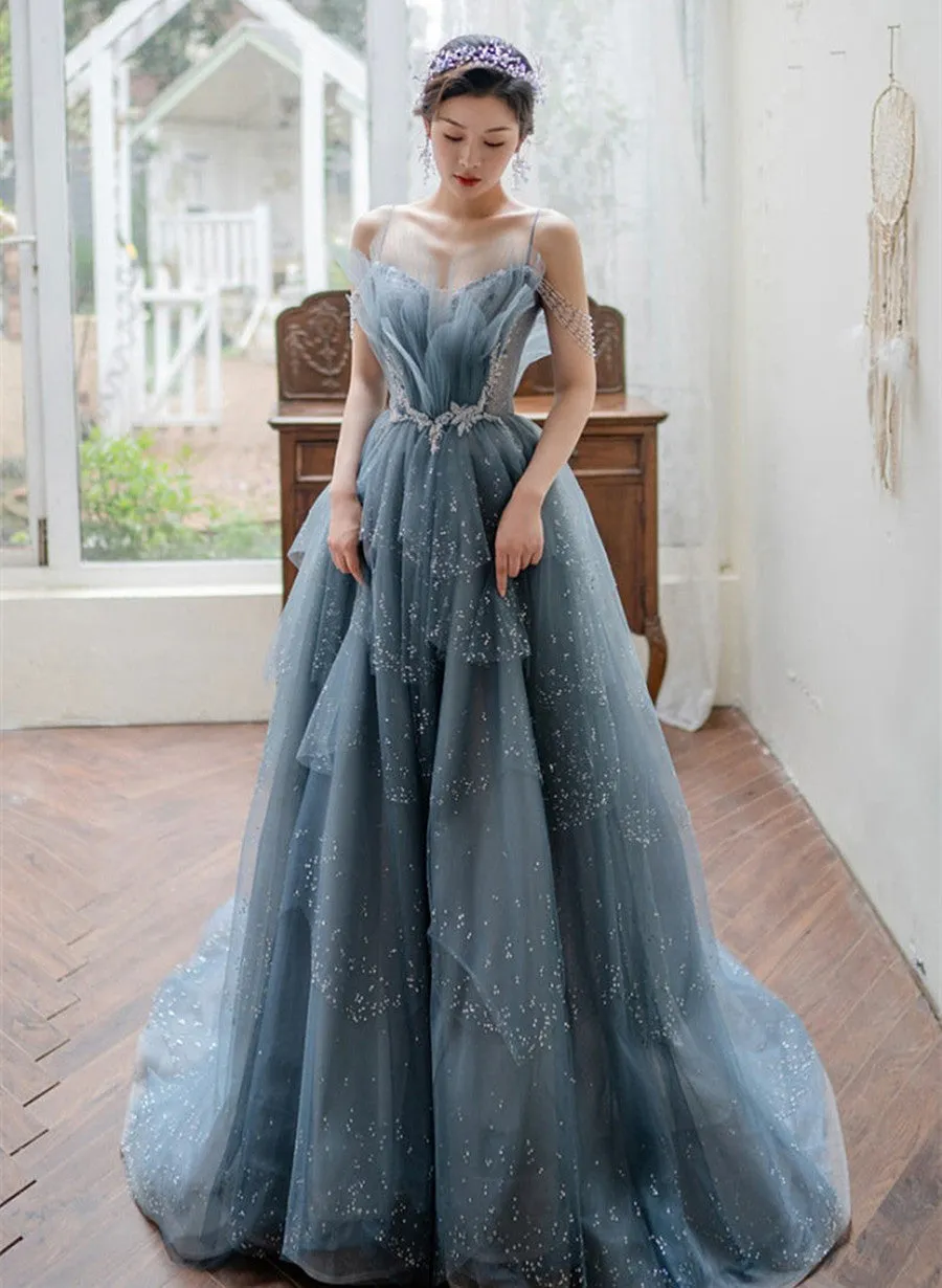 Blue Tulle Straps V-neckline Long Formal Dress, Blue Layers Tulle Prom Dress