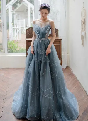 Blue Tulle Straps V-neckline Long Formal Dress, Blue Layers Tulle Prom Dress