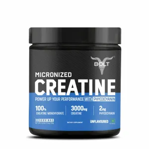 Bolt Micronised Creatine Monohydrate 3000 Powder|With Phycocyanine|Boosts Athletic Performance|Provides Energy Support For Heavy Workout|Formulated In Usa|100 Gm (0.22Lb),33 Serving|Unflavored