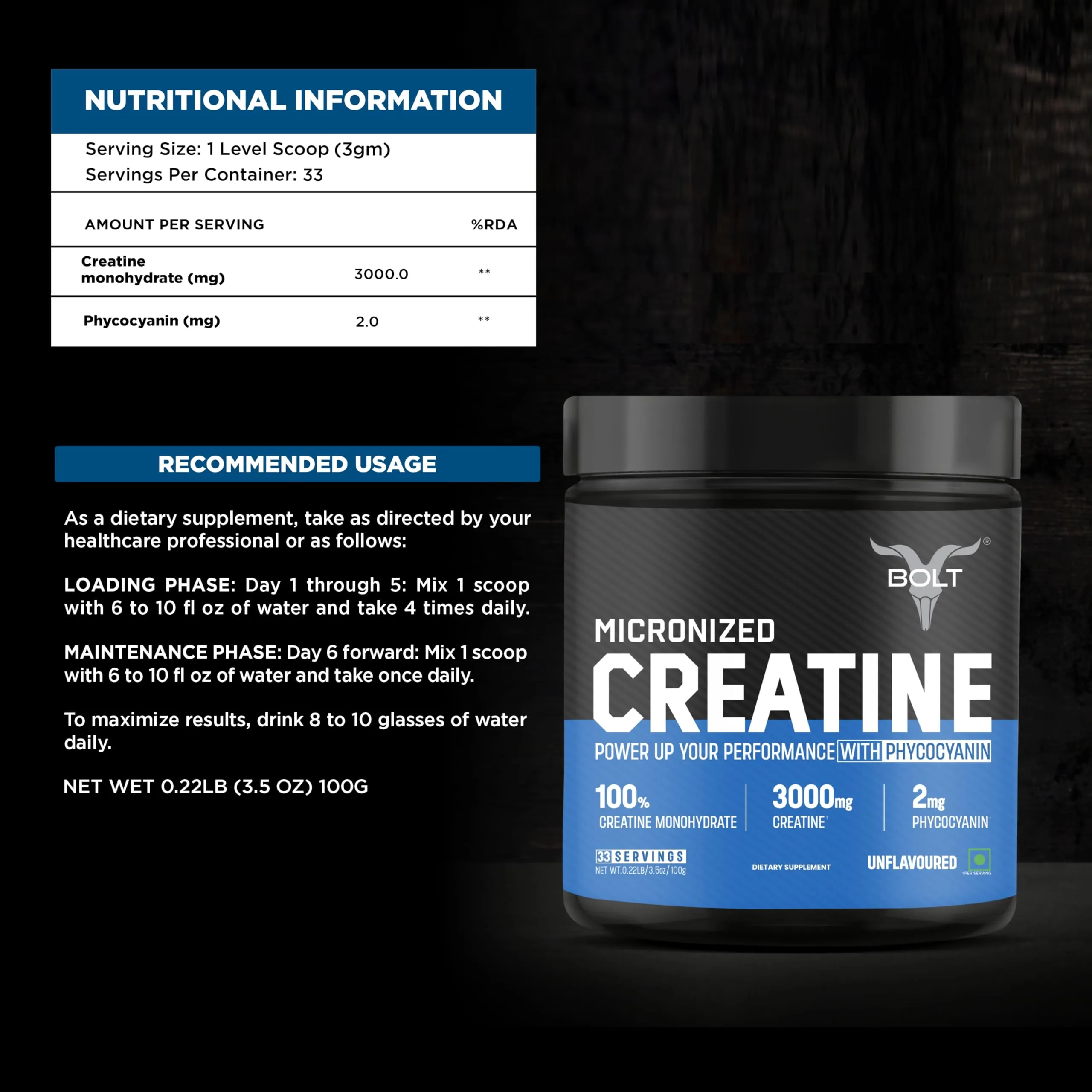 Bolt Micronised Creatine Monohydrate 3000 Powder|With Phycocyanine|Boosts Athletic Performance|Provides Energy Support For Heavy Workout|Formulated In Usa|100 Gm (0.22Lb),33 Serving|Unflavored