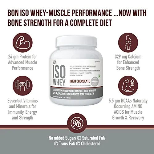 Bon ISO Whey 100% Protein Isolate |1 kg, 33 Servings|Muscle Strength & Bone Health|24g Protein,329 mg Calcium,5.5g BCAA, Essential Vitamins eetc|For All Gender| Athletes, Sports, Fitness Enthusiasts