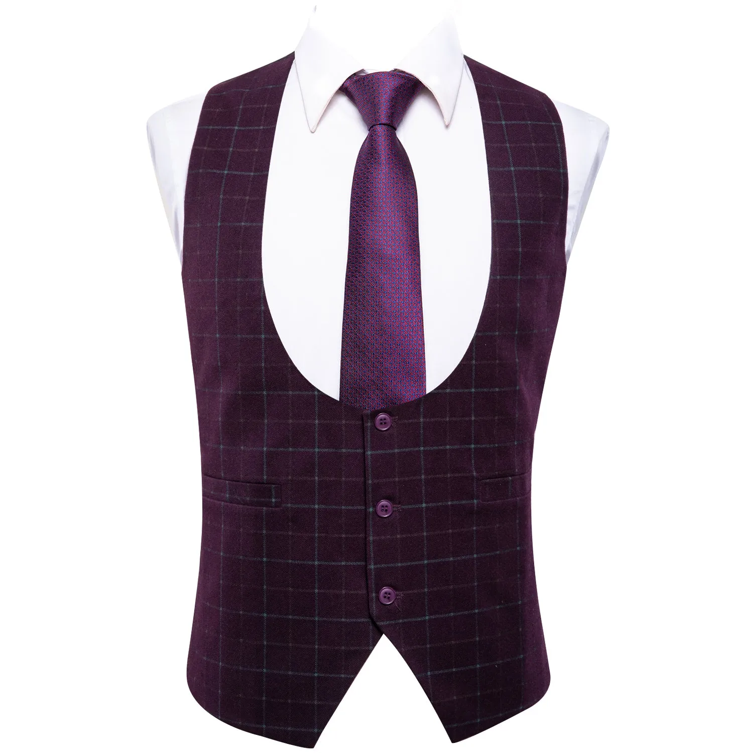 Burgundy Plaid Men's Vest Hanky Cufflinks Tie Set Waistcoat Suit Set