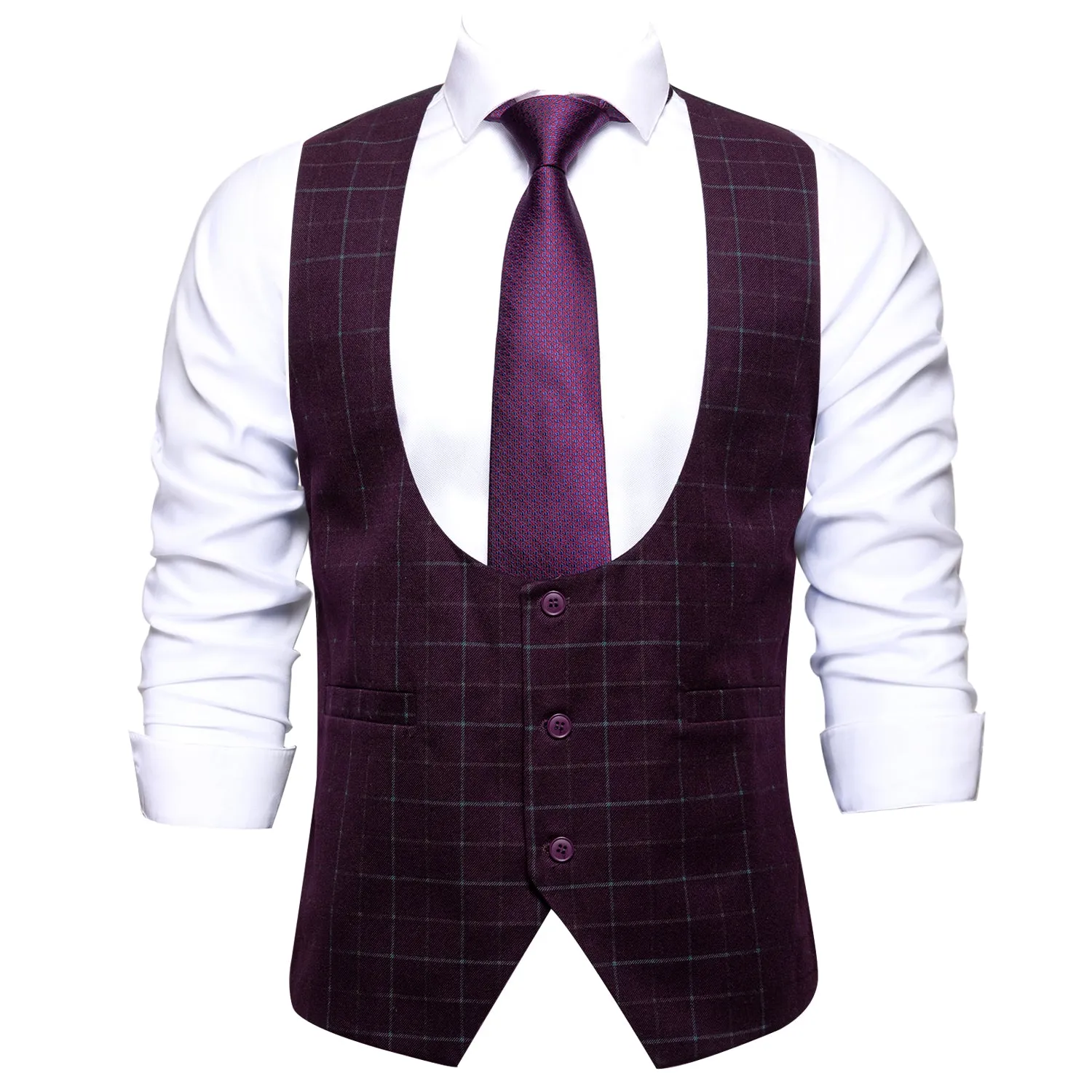 Burgundy Plaid Men's Vest Hanky Cufflinks Tie Set Waistcoat Suit Set