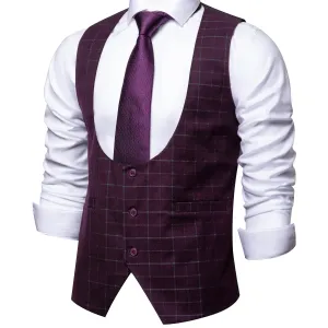 Burgundy Plaid Men's Vest Hanky Cufflinks Tie Set Waistcoat Suit Set