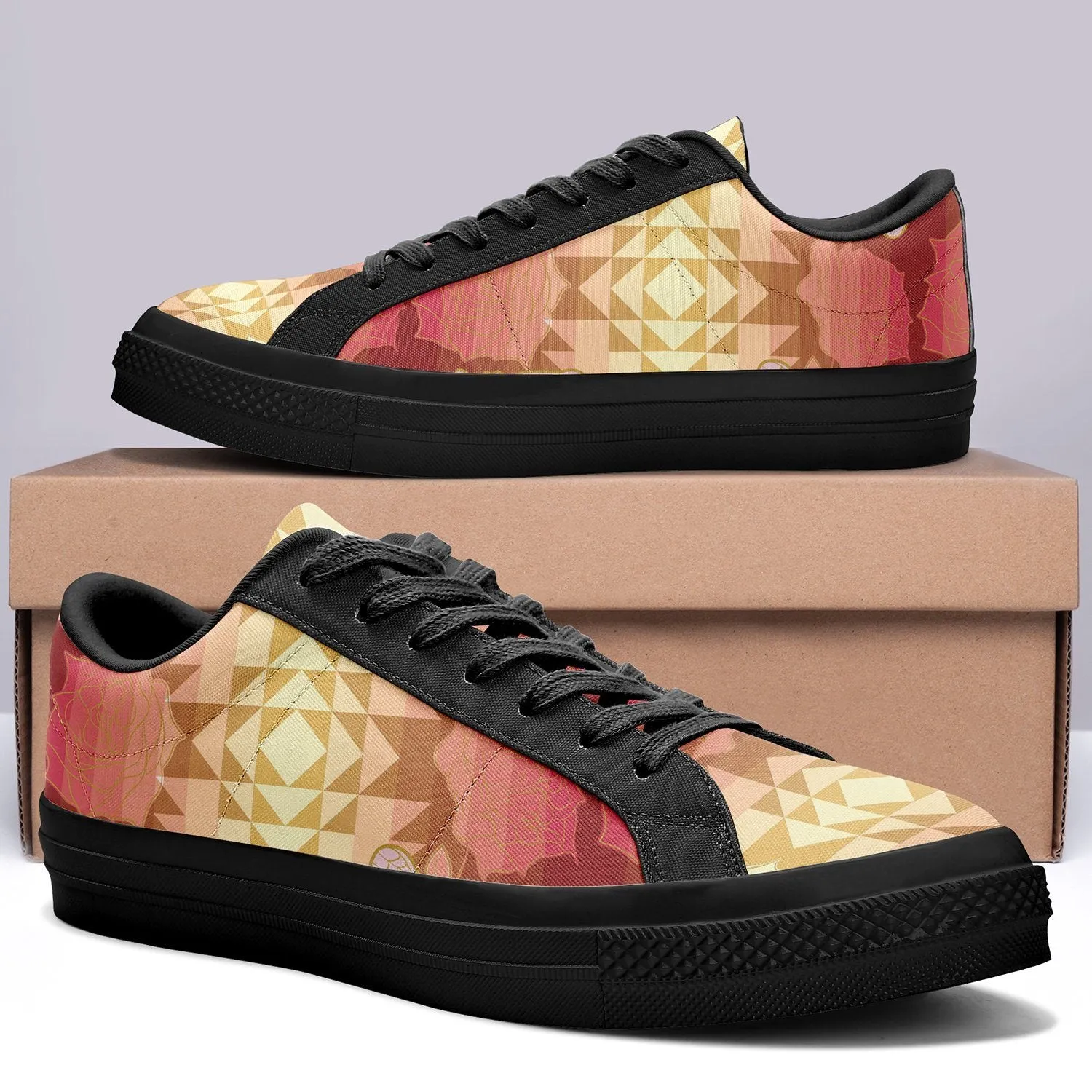 Butterfly and Roses on Geometric Aapisi Low Top Canvas Shoes Black Sole