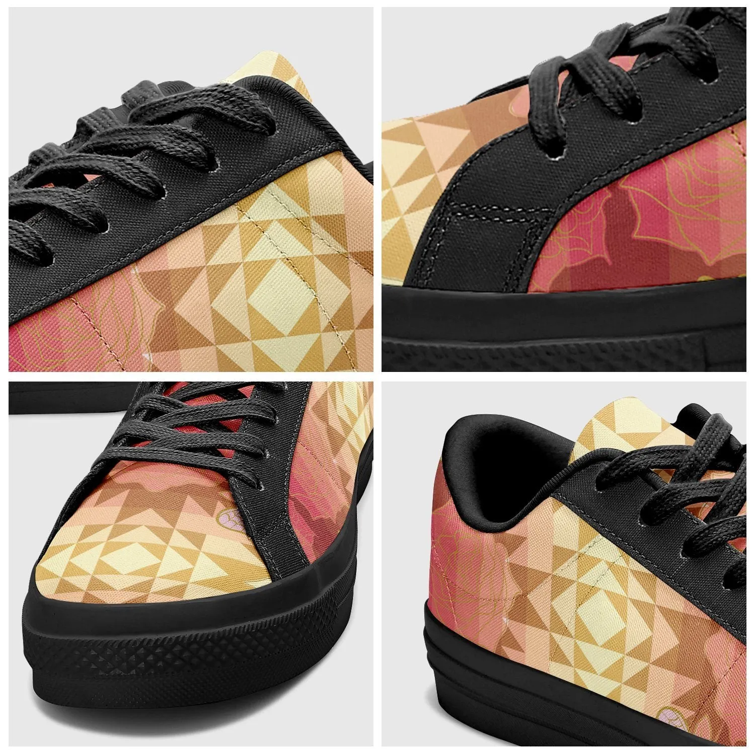 Butterfly and Roses on Geometric Aapisi Low Top Canvas Shoes Black Sole