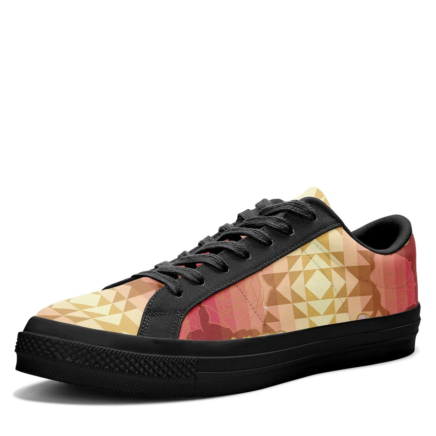 Butterfly and Roses on Geometric Aapisi Low Top Canvas Shoes Black Sole