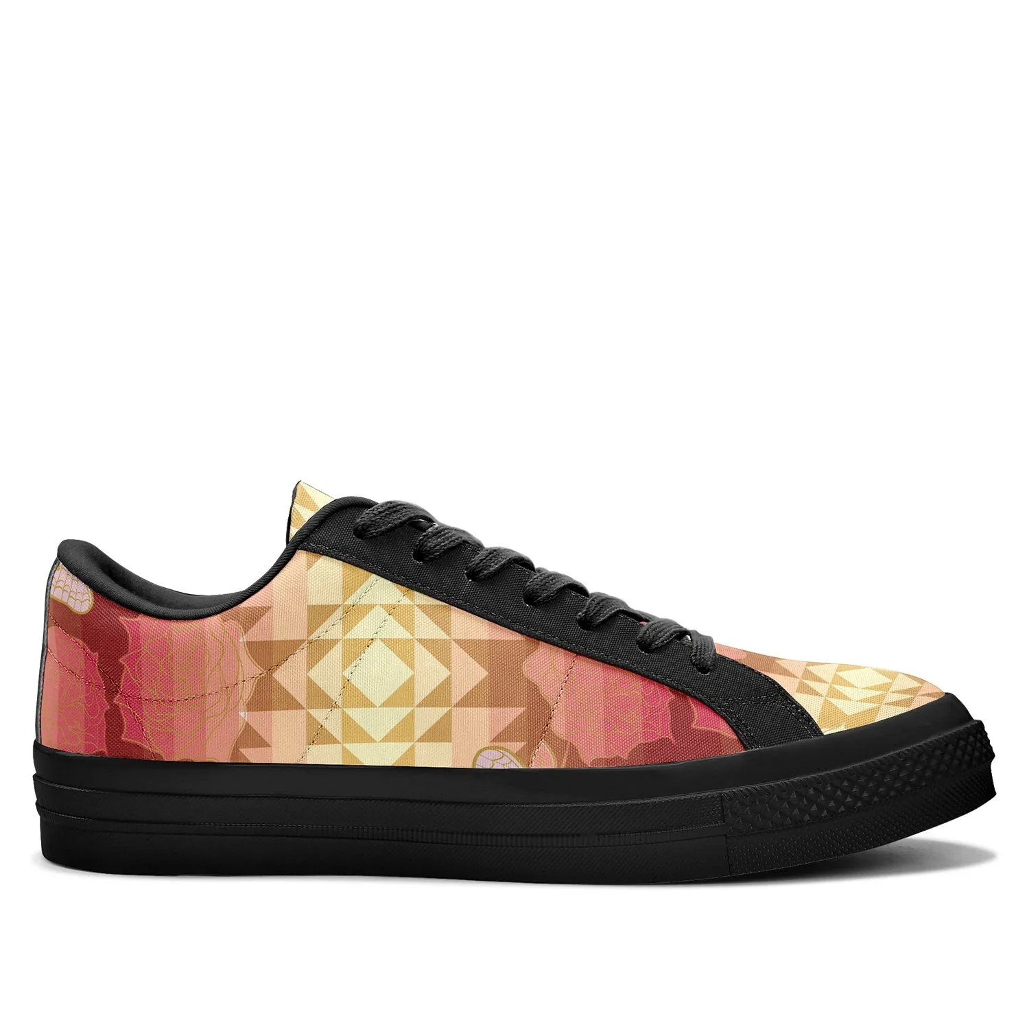 Butterfly and Roses on Geometric Aapisi Low Top Canvas Shoes Black Sole