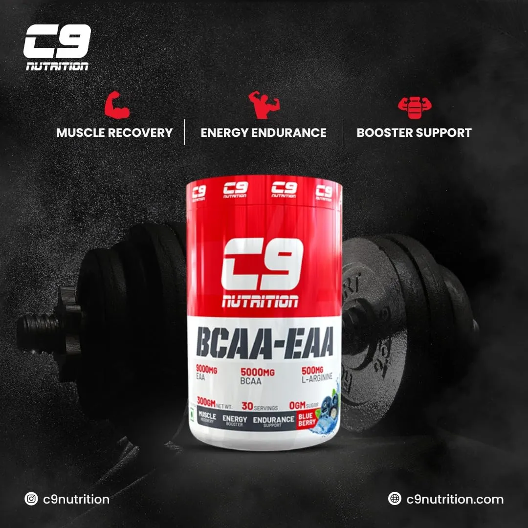 C9 Nutrition BCAA   EAA Powder | Sugar Free Powerful Intra Workout | Muscle Recovery Drink with 5000mg BCAA, 9000mg EAA, 500 mg L-Arginine | Amino Acid Supplements (30 Servings) (Blue Berry)