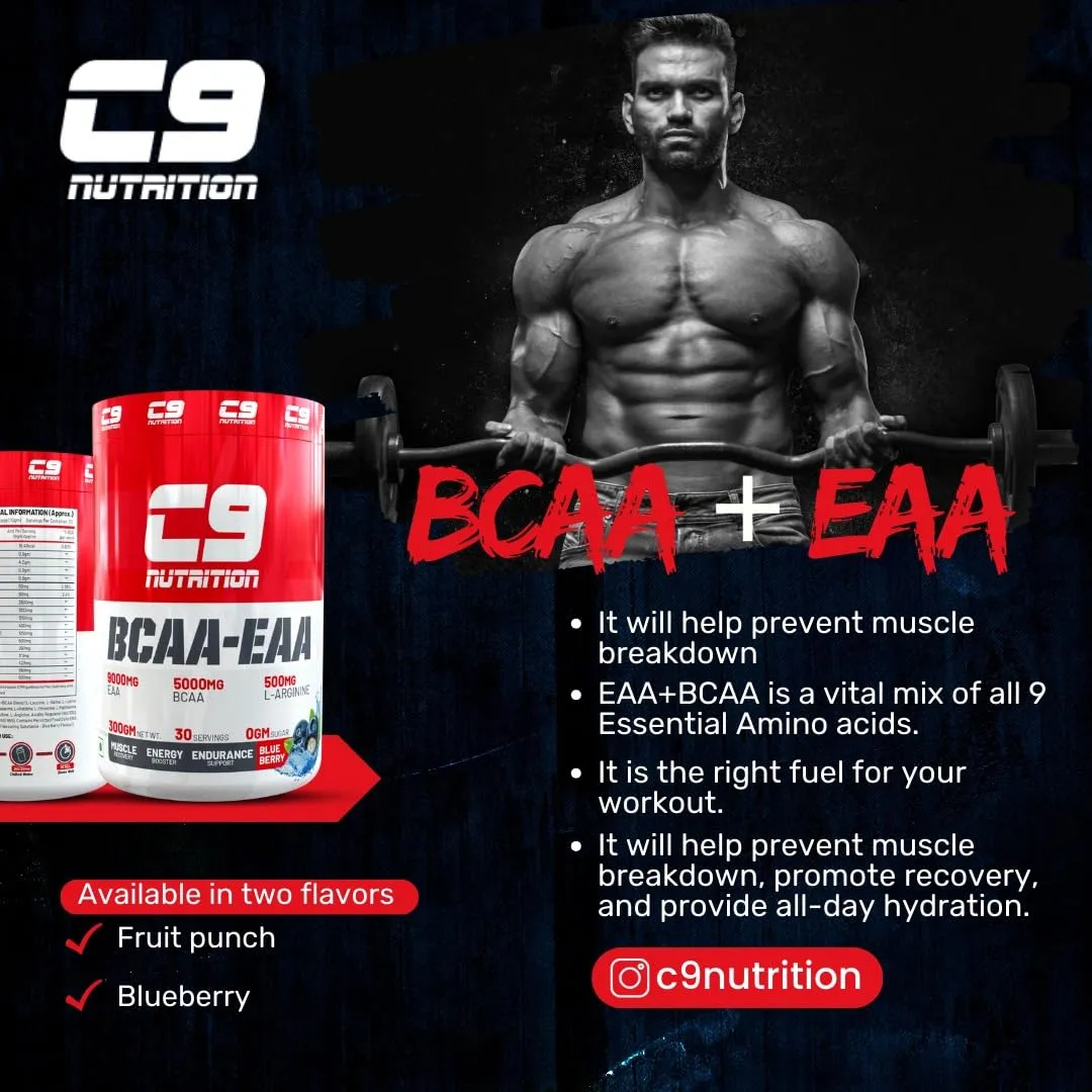 C9 Nutrition BCAA   EAA Powder | Sugar Free Powerful Intra Workout | Muscle Recovery Drink with 5000mg BCAA, 9000mg EAA, 500 mg L-Arginine | Amino Acid Supplements (30 Servings) (Blue Berry)