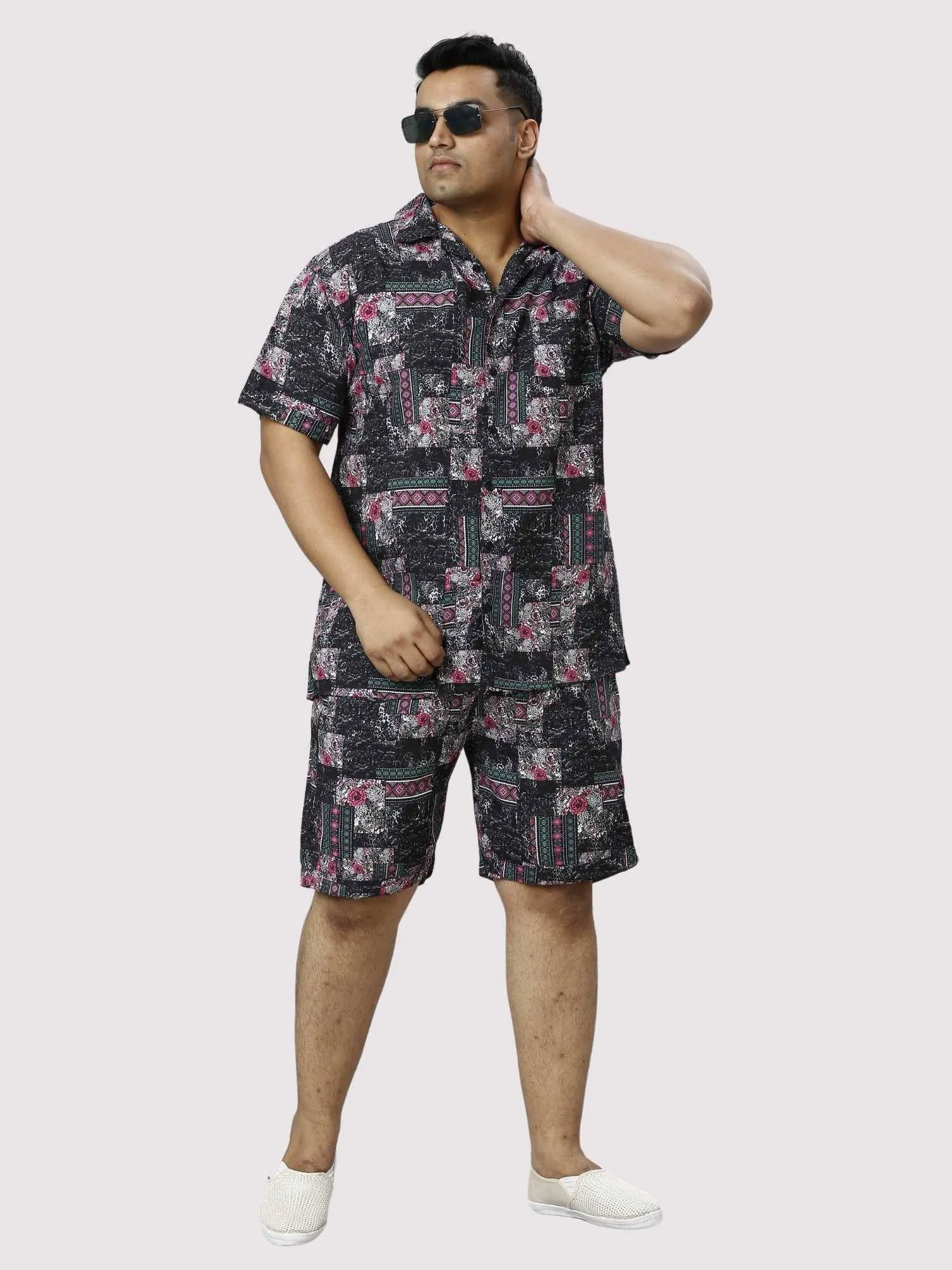 Carbon Pattern Digital Printed Half Co-ords Set Men's Plus Size