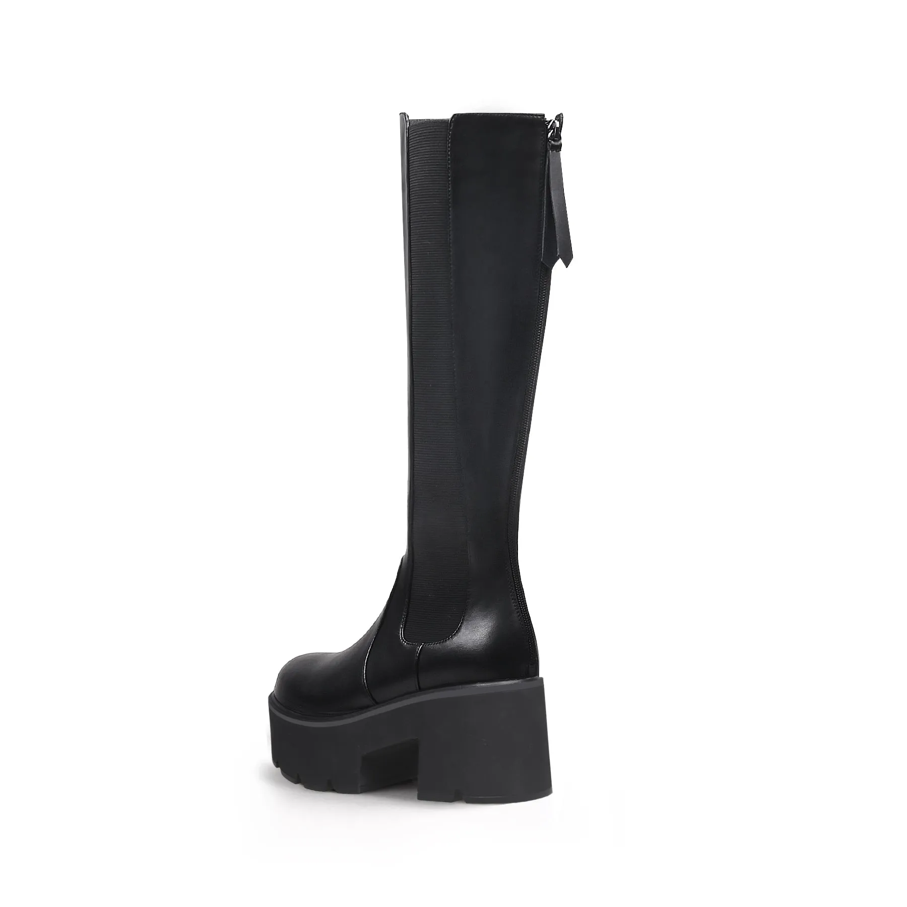 Elastic Back Zip Black Platorm Knee-High Boots