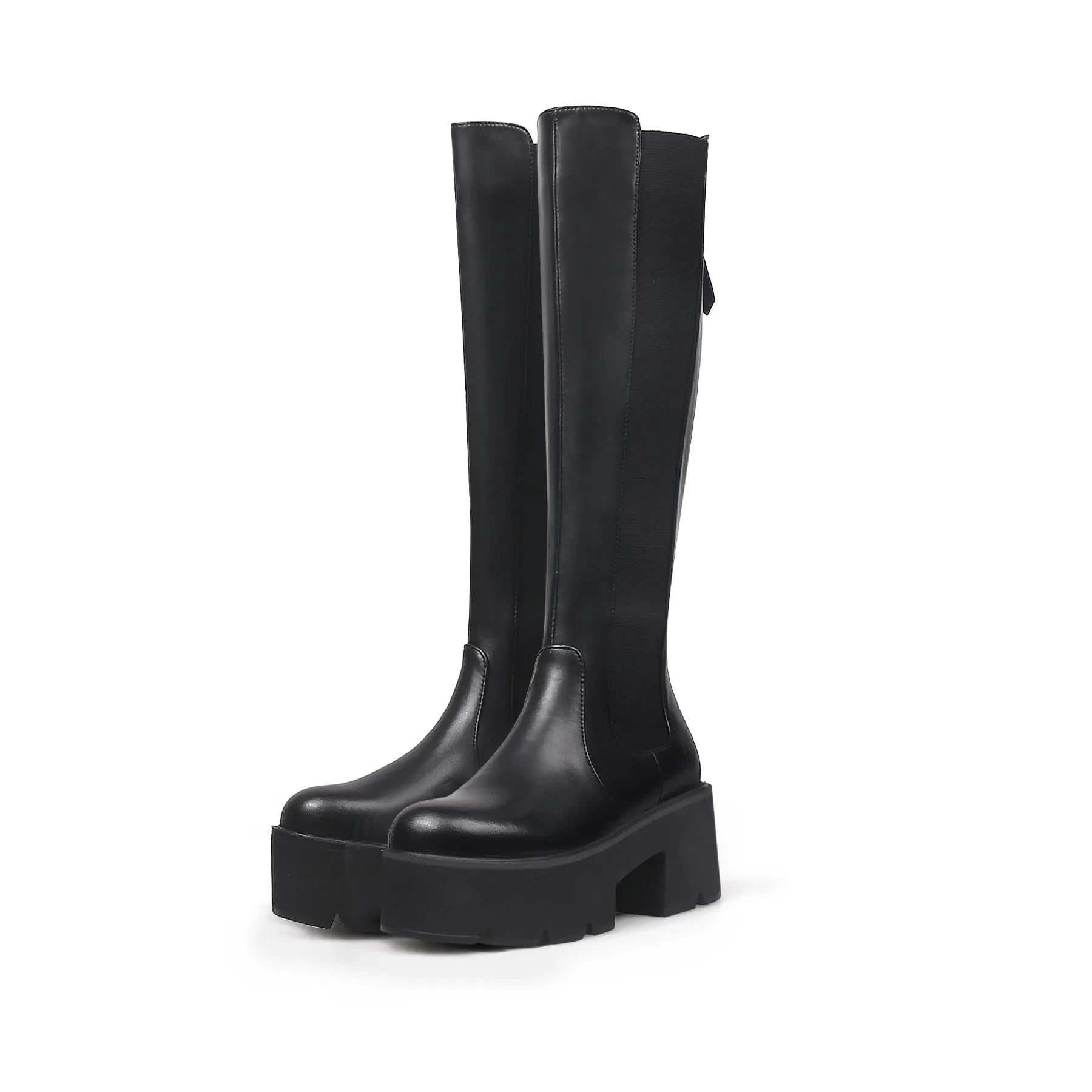 Elastic Back Zip Black Platorm Knee-High Boots