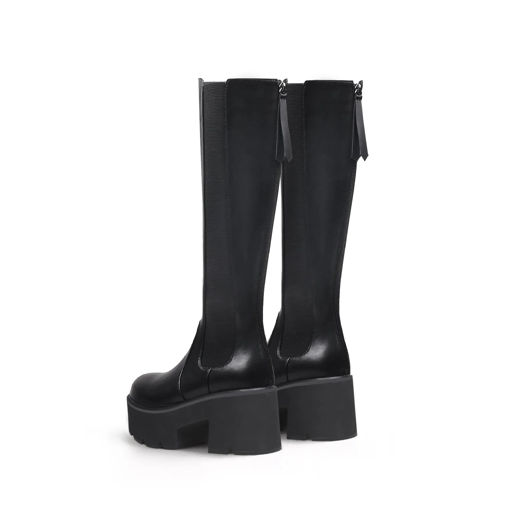 Elastic Back Zip Black Platorm Knee-High Boots