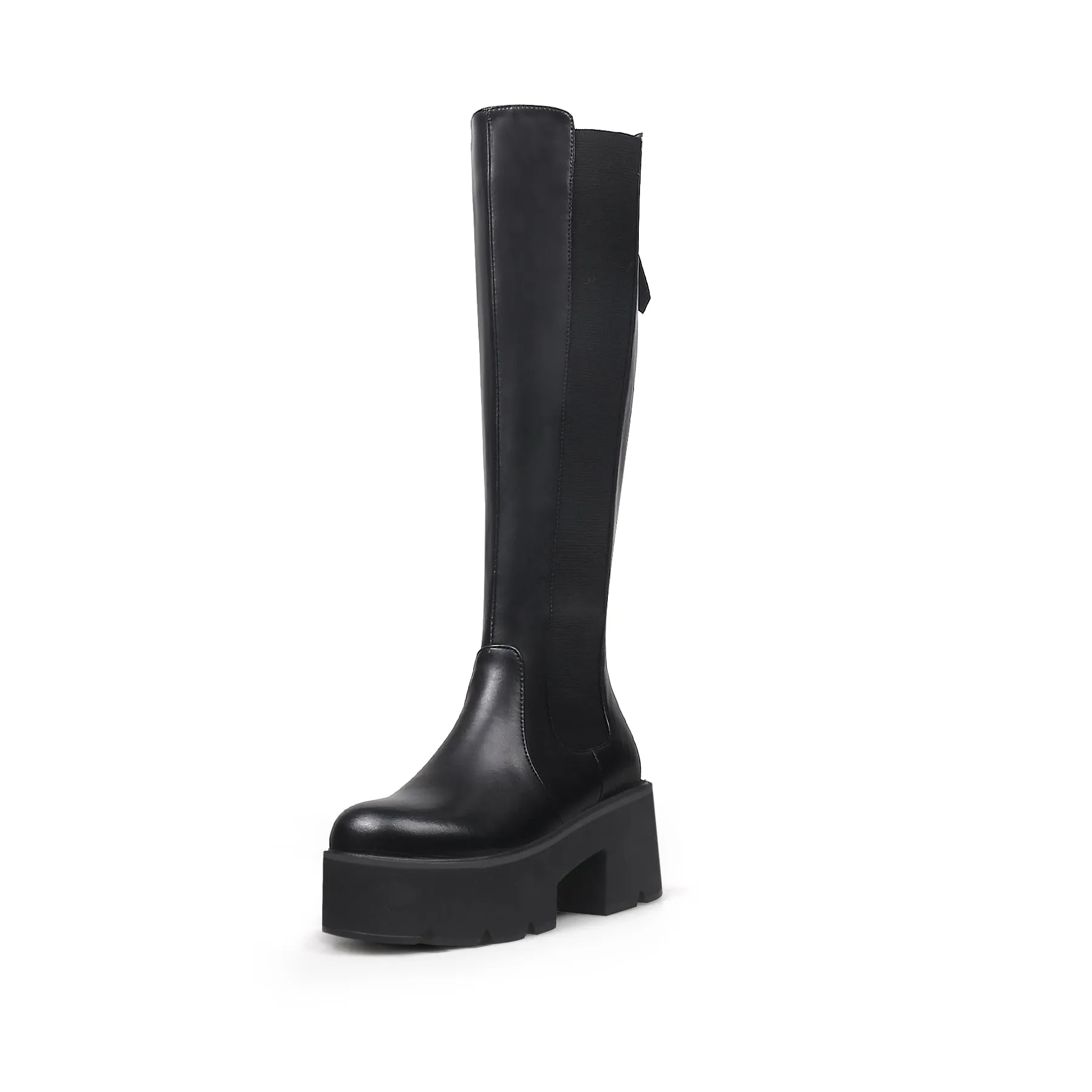 Elastic Back Zip Black Platorm Knee-High Boots