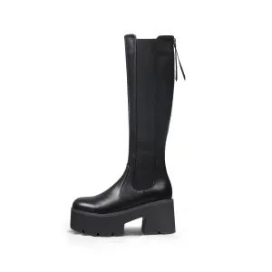 Elastic Back Zip Black Platorm Knee-High Boots