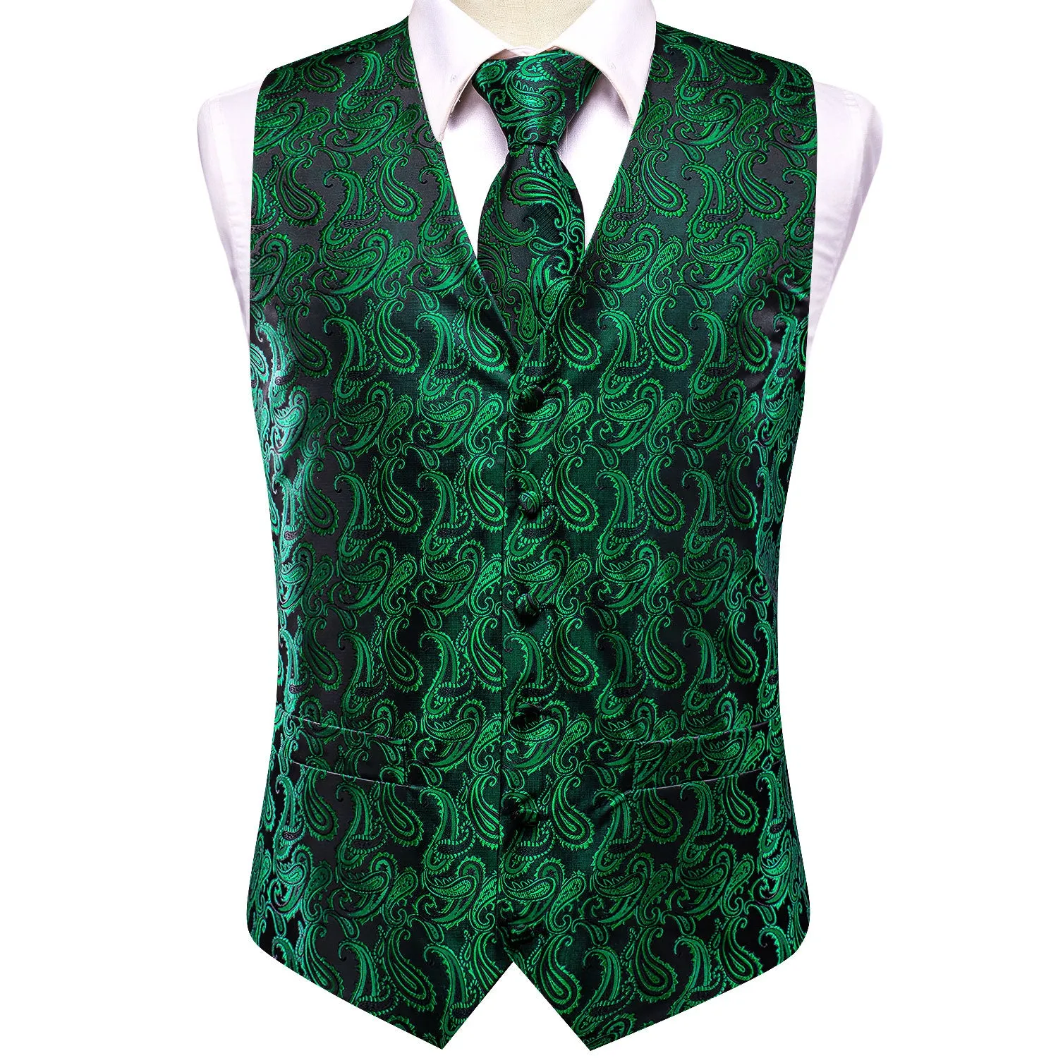 Emerald Green Paisley Silk Men's Vest Hanky Cufflinks Tie Set Waistcoat Suit Set