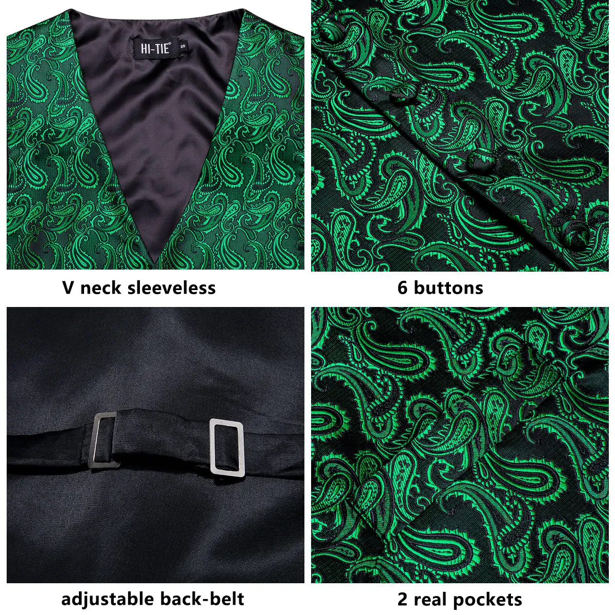 Emerald Green Paisley Silk Men's Vest Hanky Cufflinks Tie Set Waistcoat Suit Set