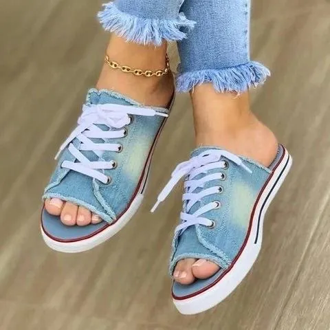 Fish Mouth Denim Canvas Lace Casual Flat Sandals And Slippers