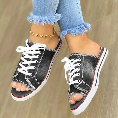 Fish Mouth Denim Canvas Lace Casual Flat Sandals And Slippers