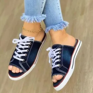 Fish Mouth Denim Canvas Lace Casual Flat Sandals And Slippers