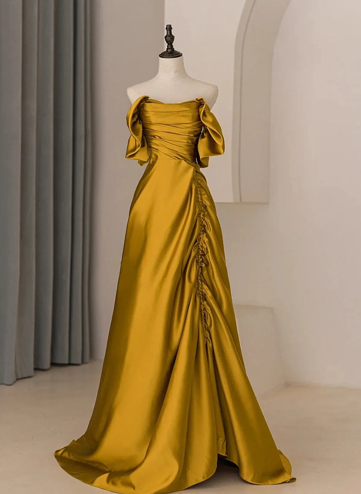 Gold Satin Off Shoulder Long Evening Dress, Gold Satin Prom Dress