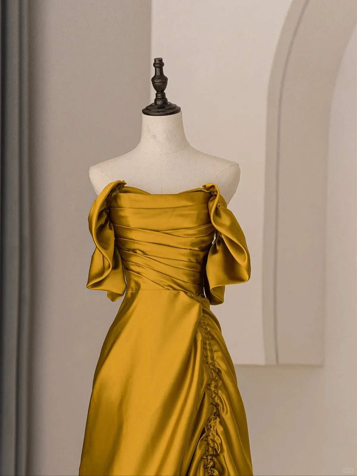 Gold Satin Off Shoulder Long Evening Dress, Gold Satin Prom Dress