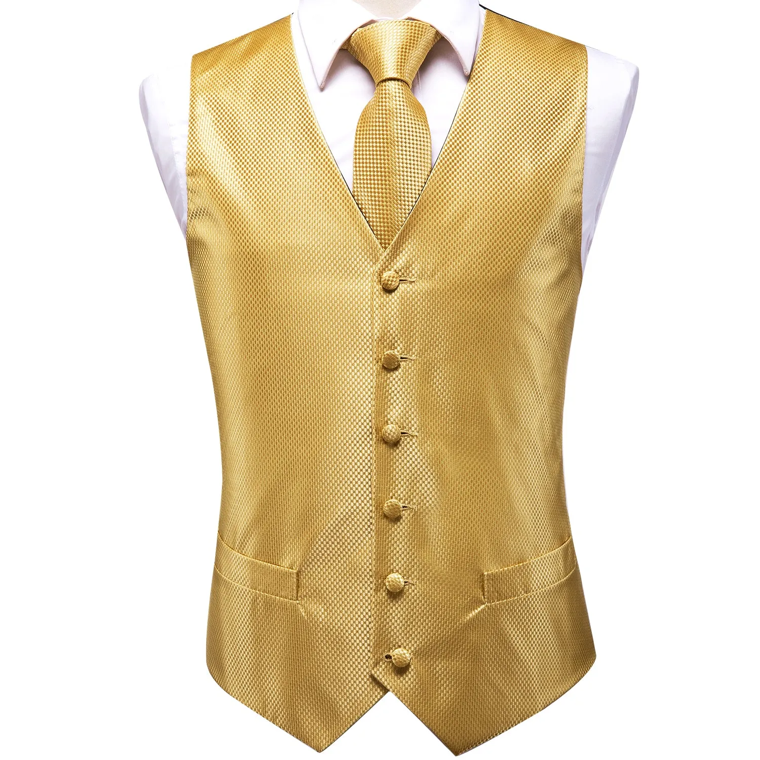 Golden Plaid Silk Men's Vest Hanky Cufflinks Tie Set Waistcoat Suit Set