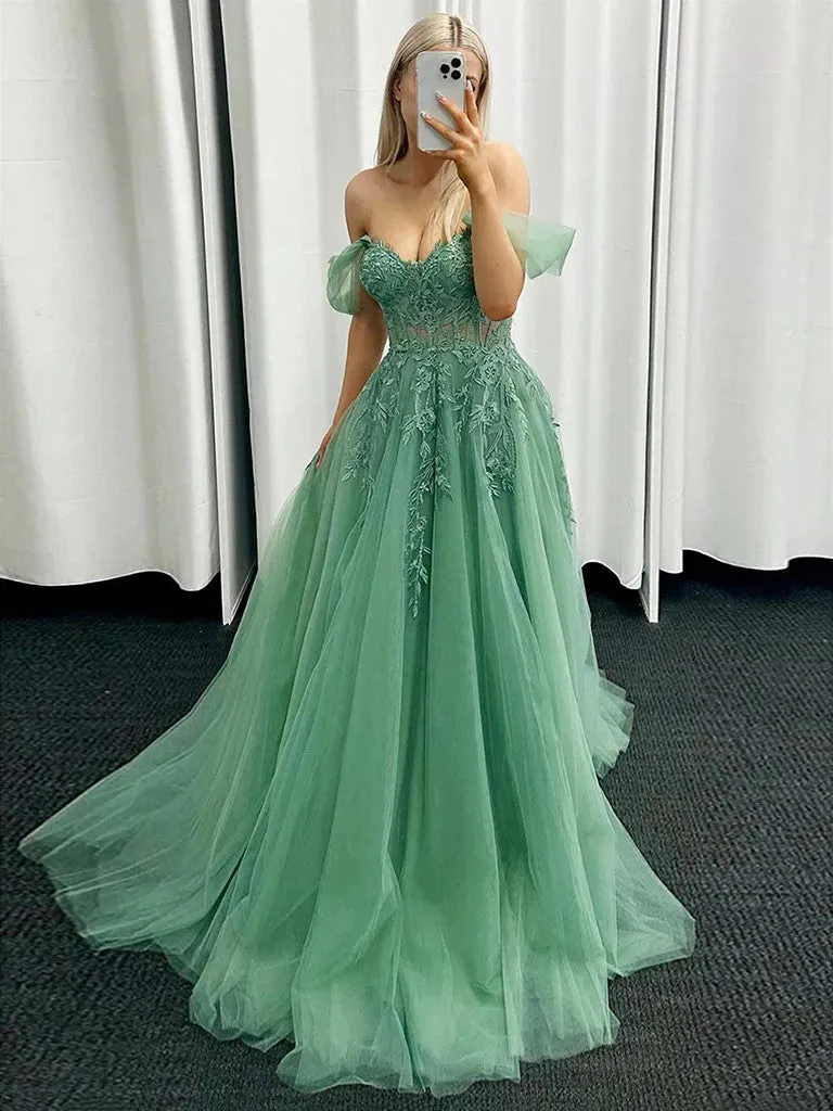 Green Off Shoulder Tulle Prom Dress with Lace Applique, Green Sweetheart Party Dress