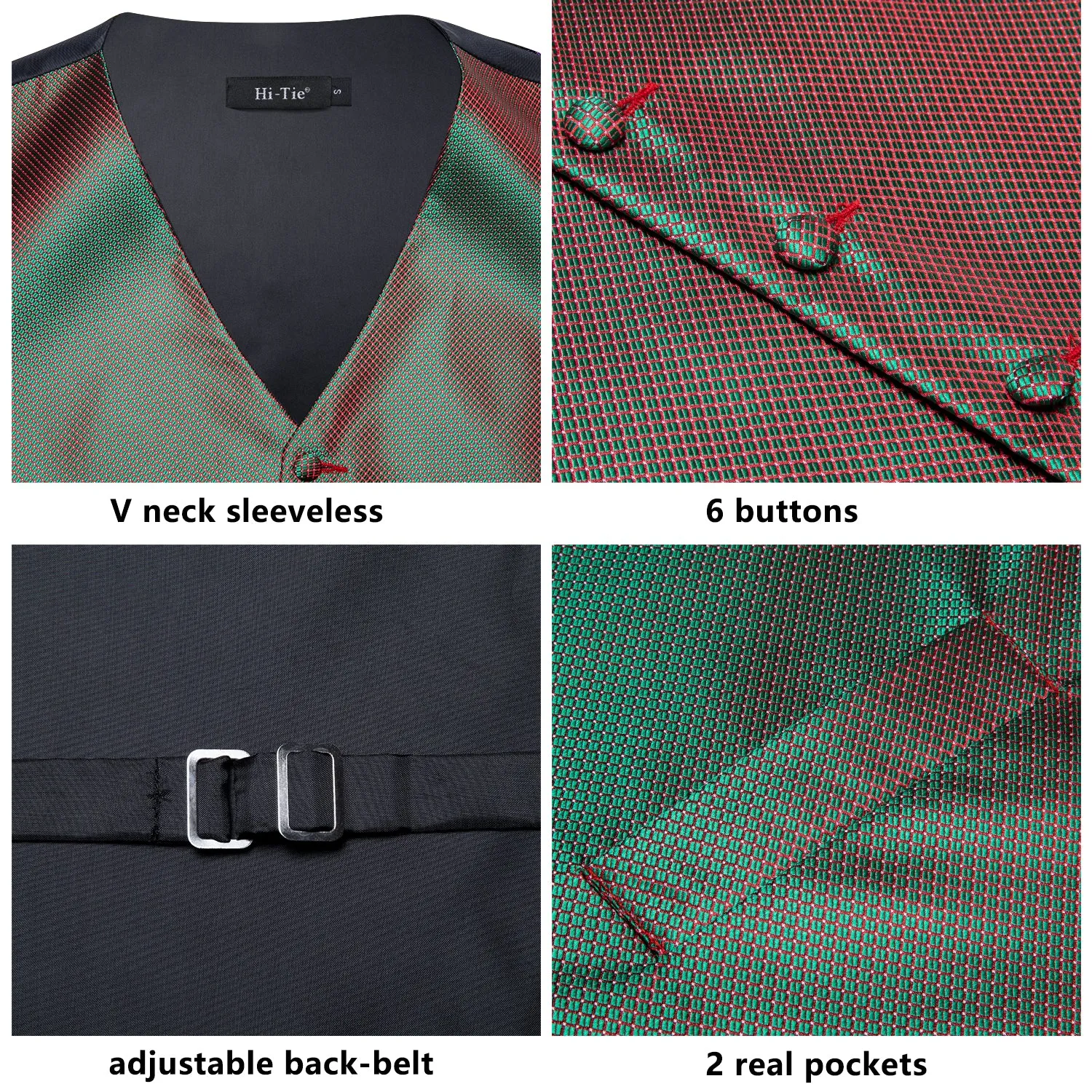 Green Plaid  Silk Men's Vest Hanky Cufflinks Tie Set Waistcoat Suit Set