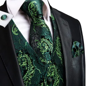 Green Yellow Paisley Silk Men's Vest Hanky Cufflinks Tie Set Waistcoat Suit Set