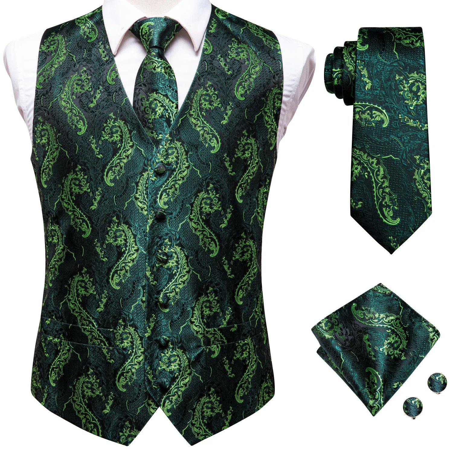 Green Yellow Paisley Silk Men's Vest Hanky Cufflinks Tie Set Waistcoat Suit Set