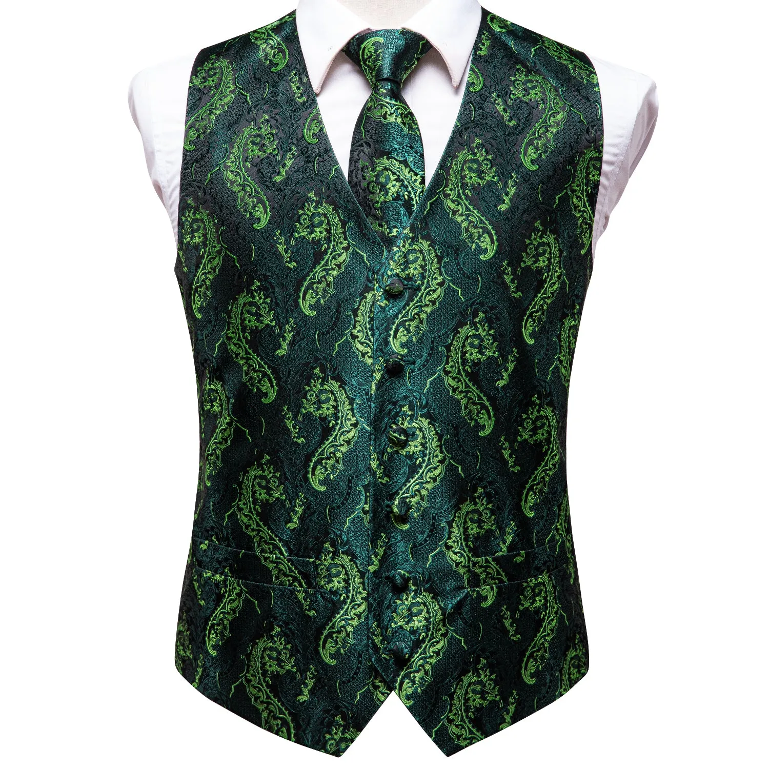 Green Yellow Paisley Silk Men's Vest Hanky Cufflinks Tie Set Waistcoat Suit Set