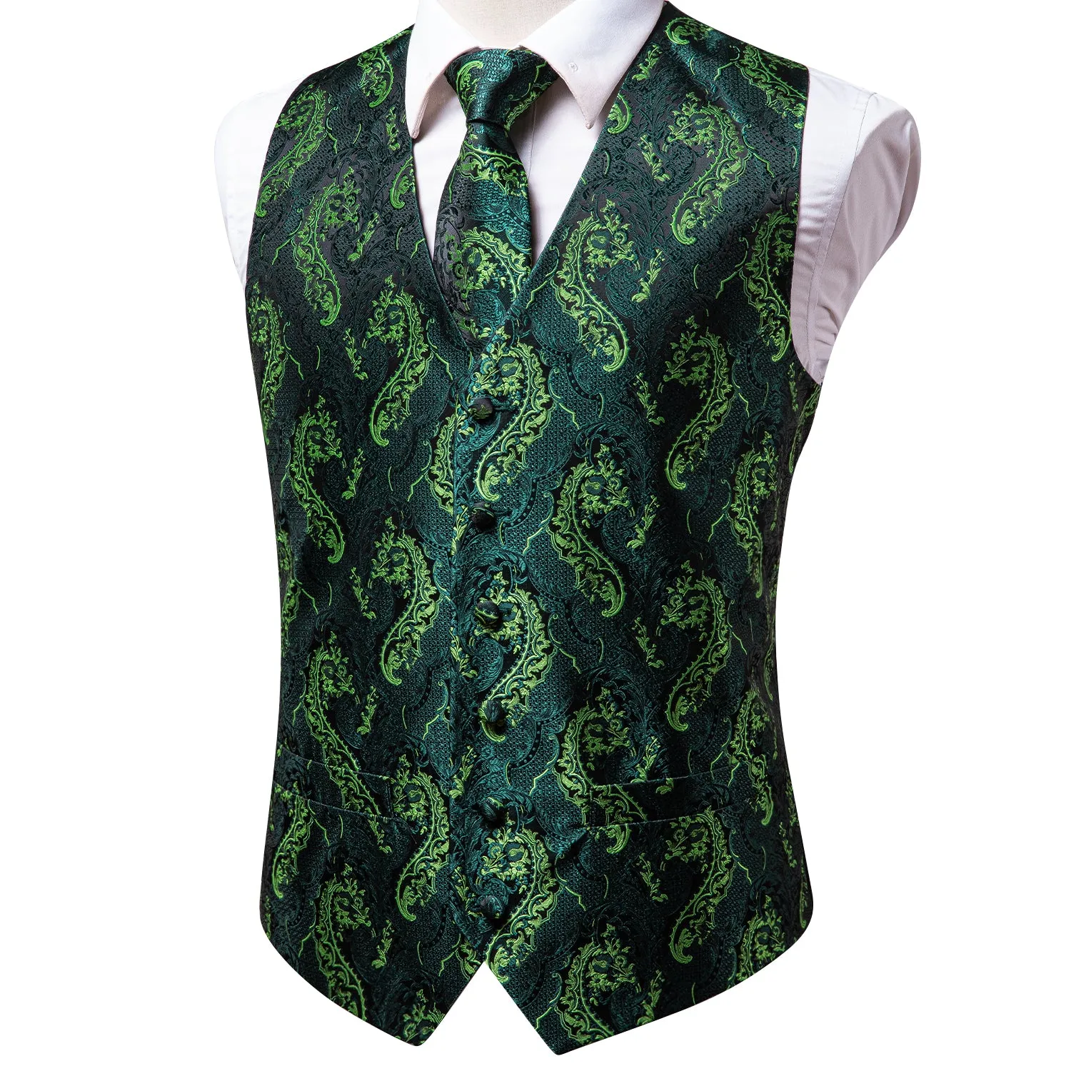 Green Yellow Paisley Silk Men's Vest Hanky Cufflinks Tie Set Waistcoat Suit Set