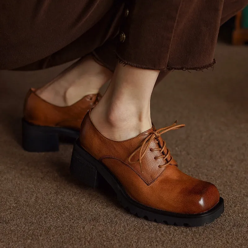 Handmade Leather Platform Lace Up Oxfords For Women In Black/Brown