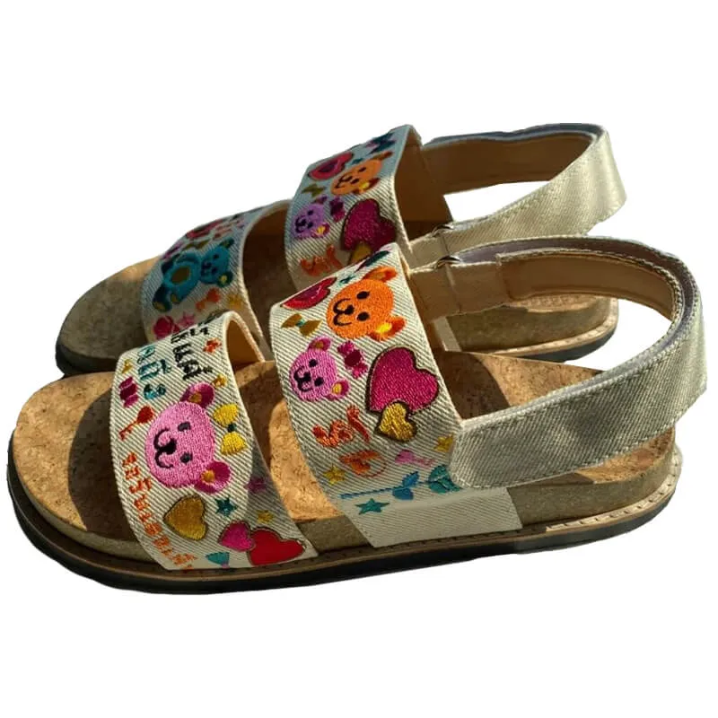 Happy Bears Embroidery Weirdcore Canvas Sandals