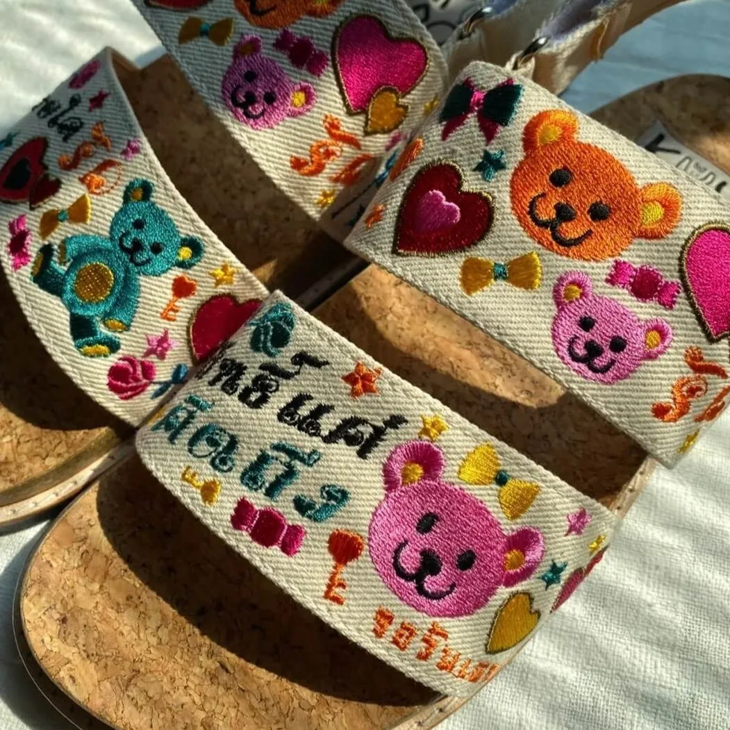 Happy Bears Embroidery Weirdcore Canvas Sandals