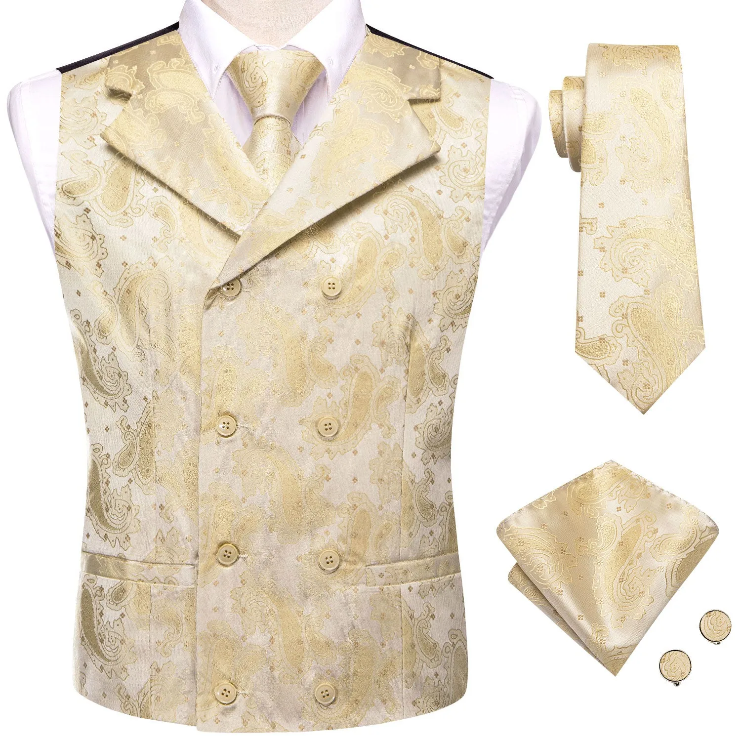 Hi-Tie Beige Yellow Paisley Men's Collar Vest Hanky Cufflinks Tie Set