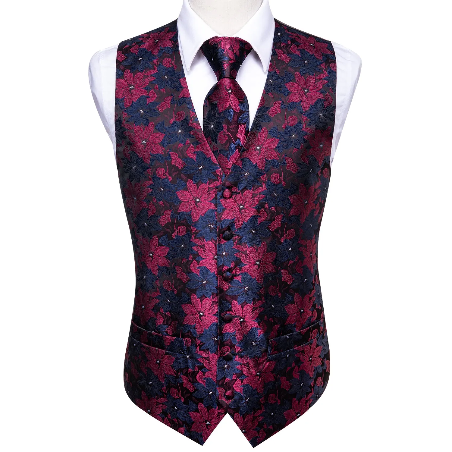 Hi-Tie Black Blue Red Floral Silk Men's Vest Set Waistcoat Suit Set