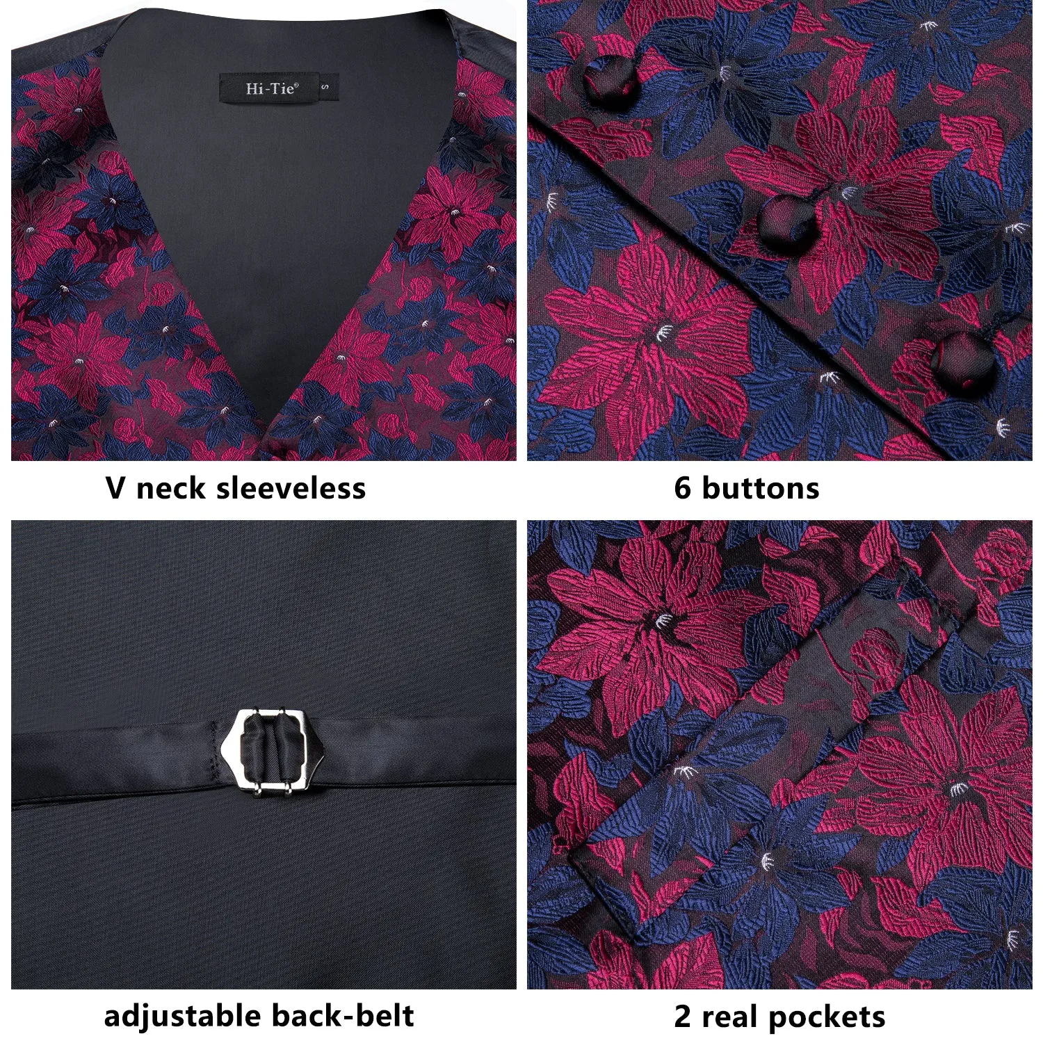 Hi-Tie Black Blue Red Floral Silk Men's Vest Set Waistcoat Suit Set